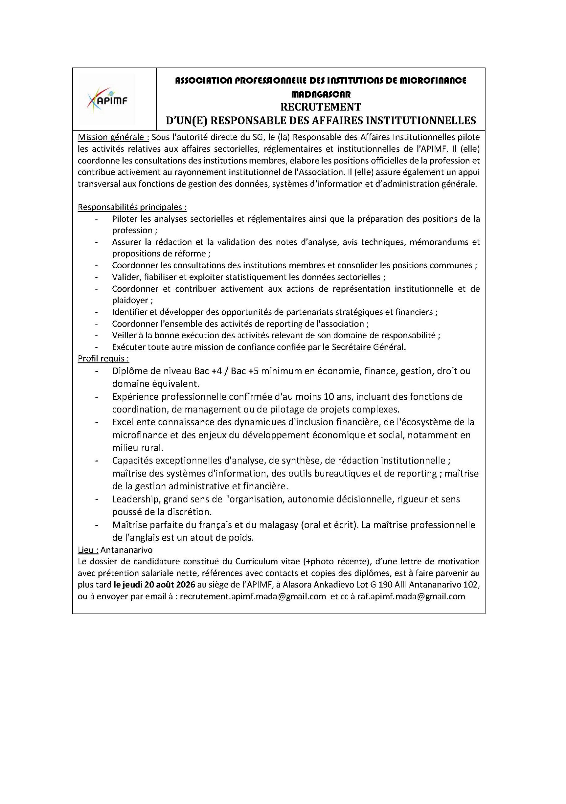 RECRUTEMENT D’UN(E) RESPONSABLE DES AFFAIRES INSTITUTIONNELLES